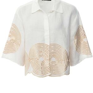 Greek Archaic Kori Gold Circle Cropped White Linen Shirt Bridal Vacay Summer